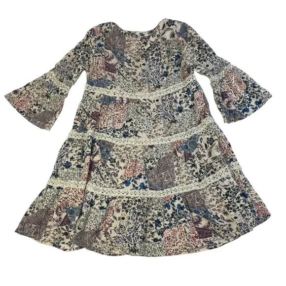 Knox Rose Boho Tiered Dress Small Floral Patchwork Bell Sleeve Cottagecore - Picture 2 of 9